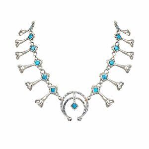Vintage Faux Turquoise Squash Blossom Necklace Boho Chic 20" Long Silver Chain